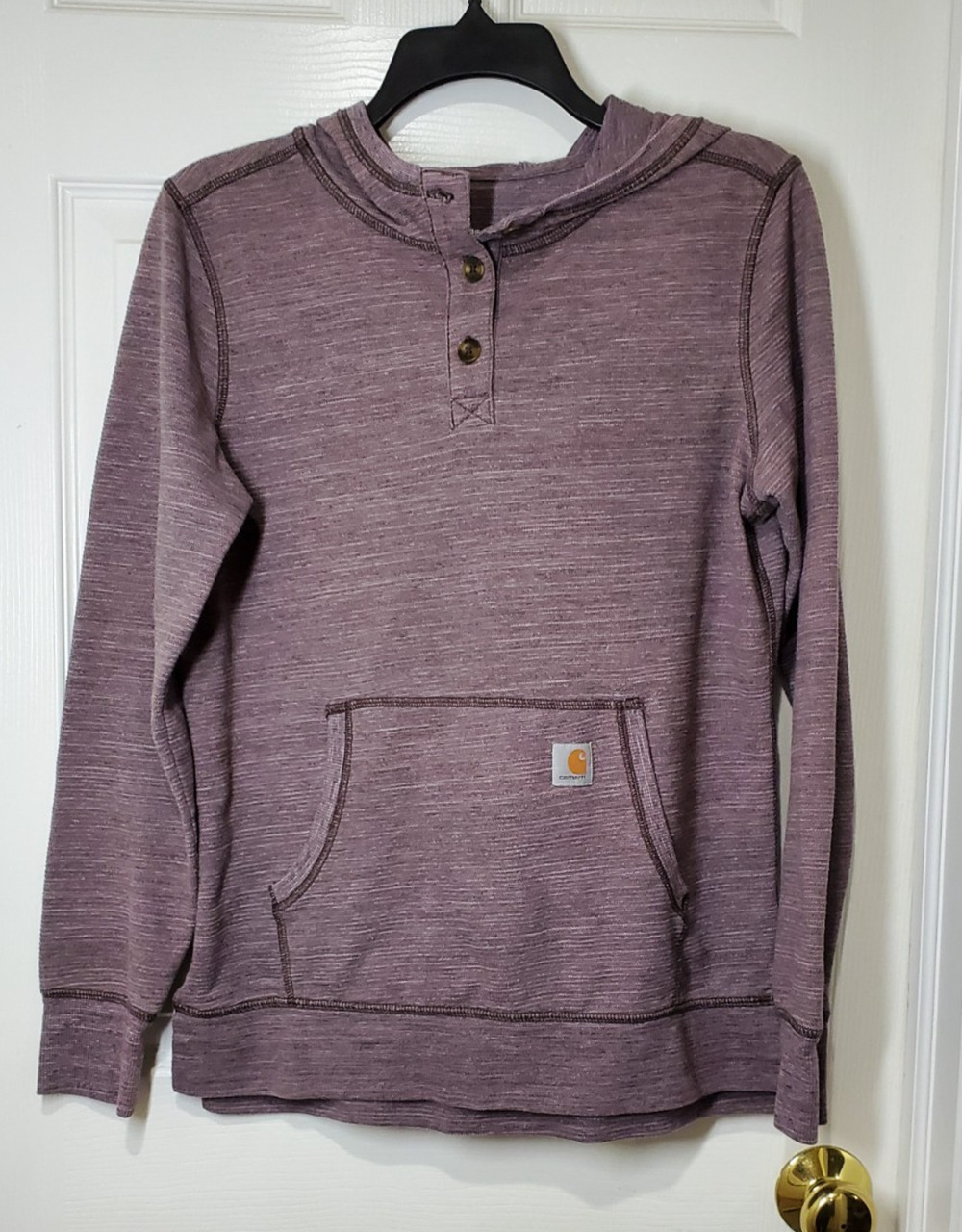 Carhartt Women's Hoodie Medium 8 10 Purple Henley Pullover Kangaroo Pocket Logo